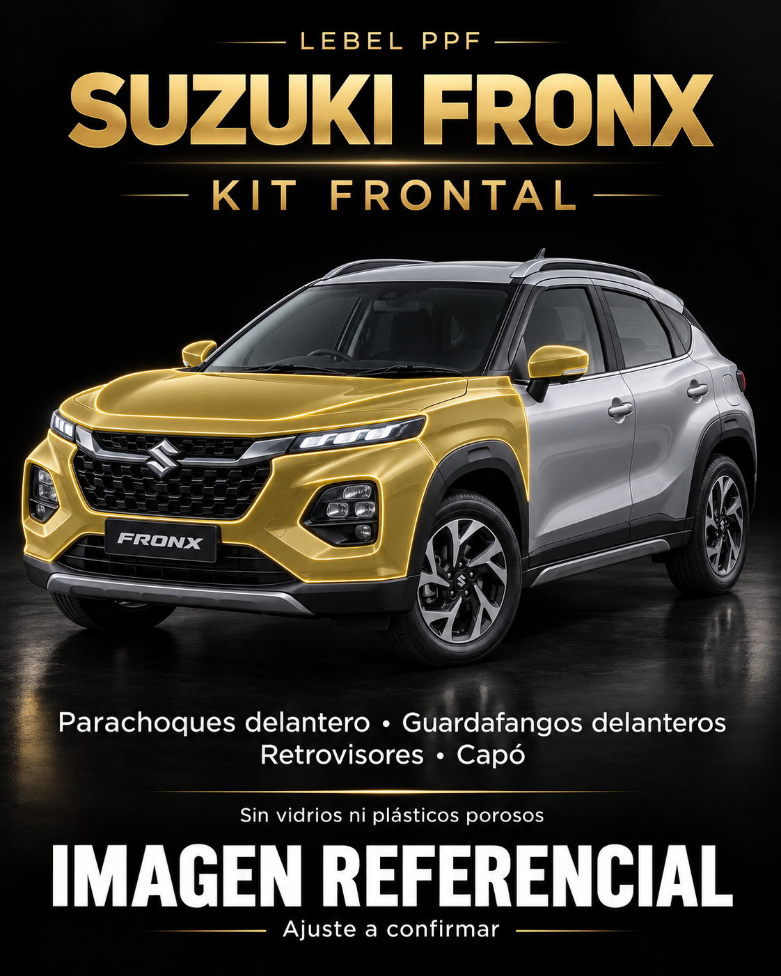 Suzuki Fronx — Kit frontal PPF LEBEL. Imagen referencial; ajuste a confirmar. Sin vidrios ni plásticos porosos.