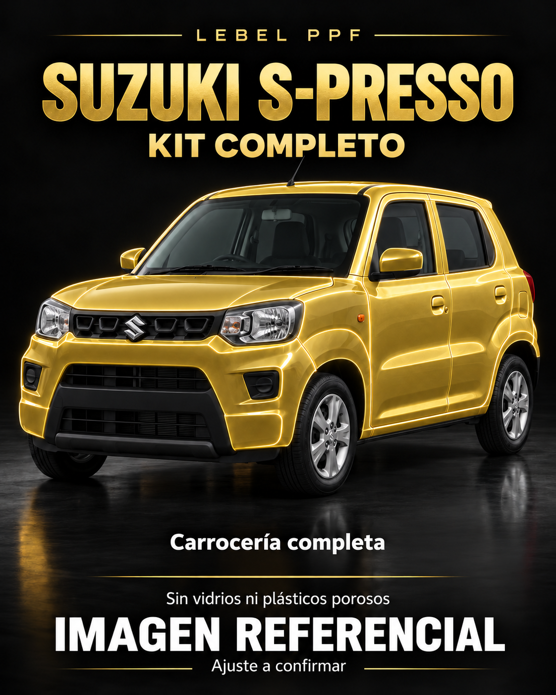 Suzuki S-Presso — Kit completo PPF LEBEL. Imagen referencial; ajuste a confirmar. Sin vidrios ni plásticos porosos.