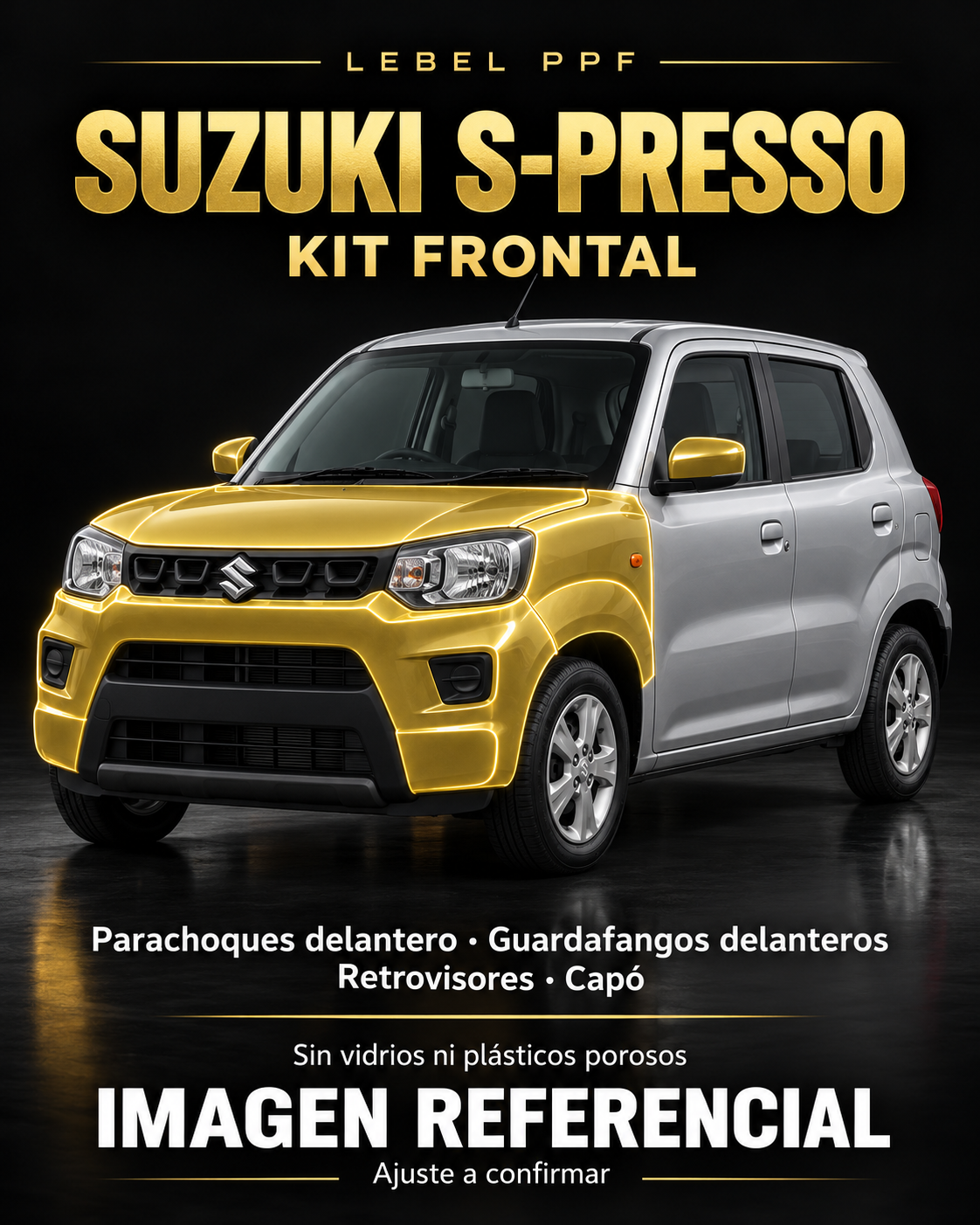 Suzuki S-Presso — Kit frontal PPF LEBEL. Imagen referencial; ajuste a confirmar. Sin vidrios ni plásticos porosos.
