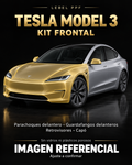 Tesla Model 3 — Kit frontal PPF LEBEL. Imagen referencial; ajuste a confirmar. Sin vidrios ni plásticos porosos.