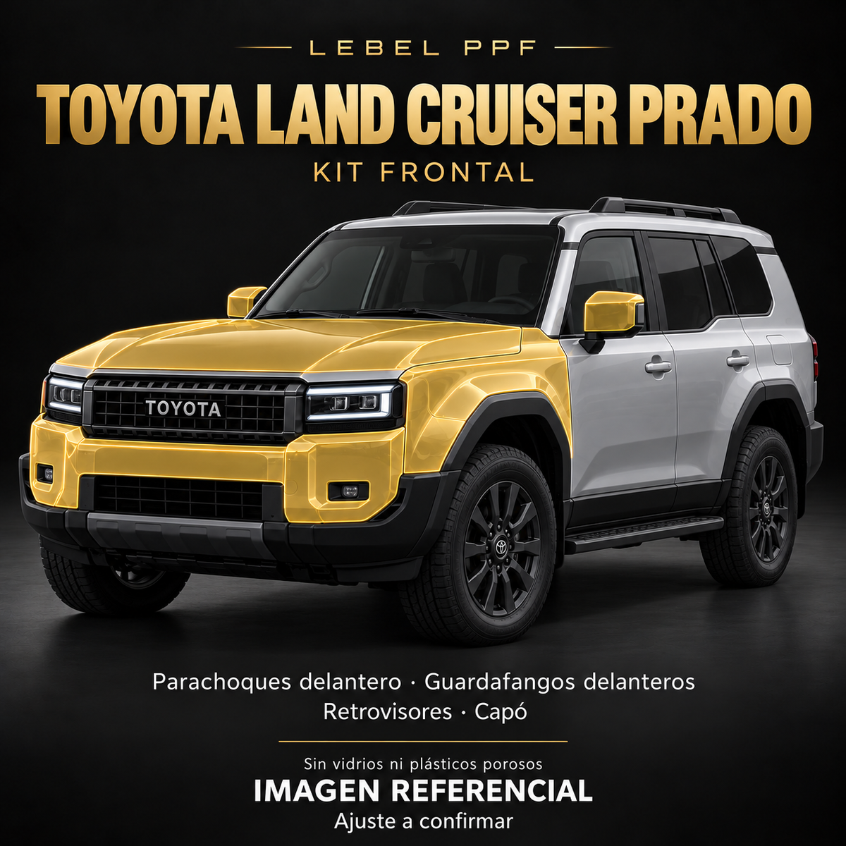 Toyota Land Cruiser Prado — Kit frontal PPF LEBEL. Imagen referencial; ajuste a confirmar. Sin vidrios ni plásticos porosos.