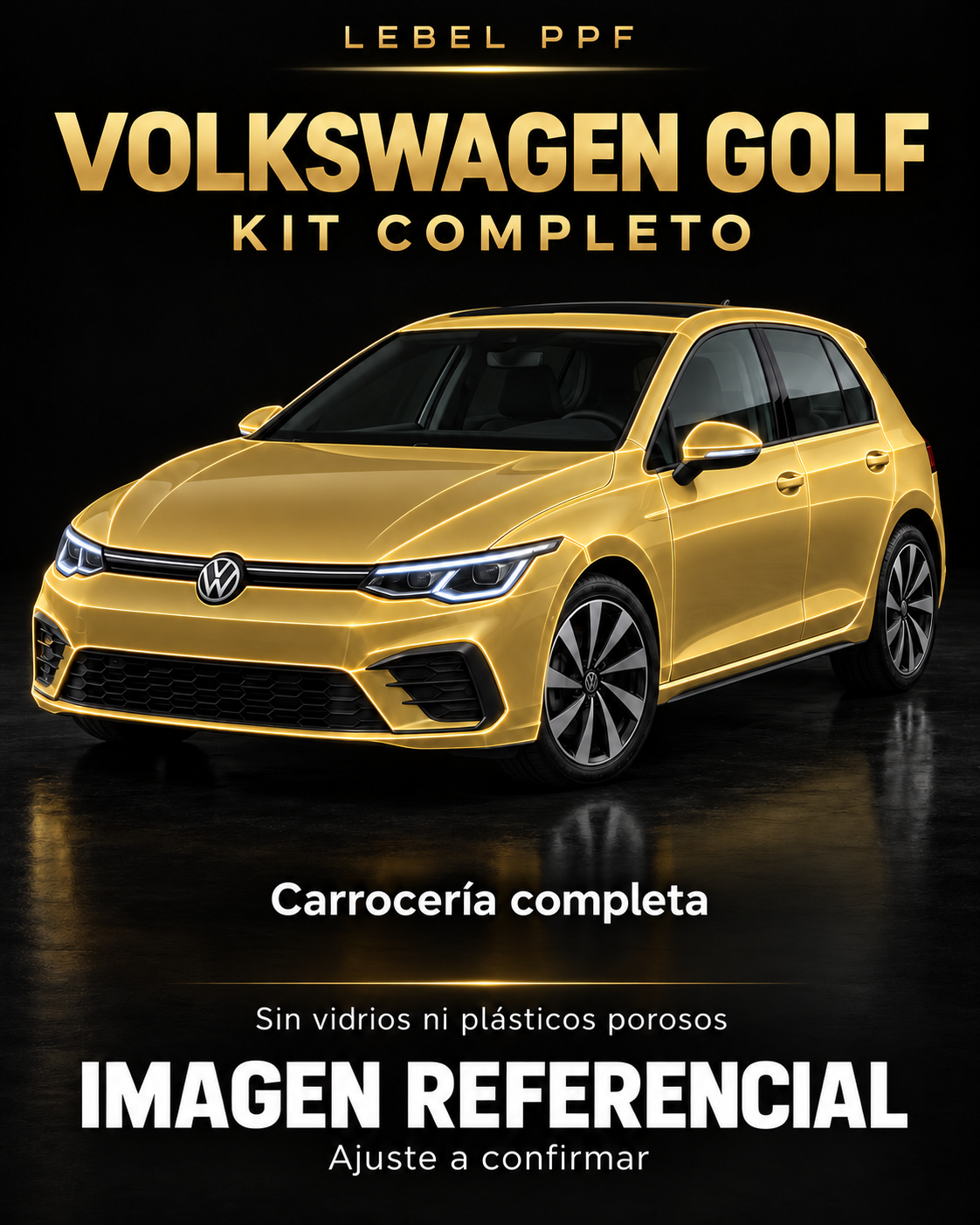 Volkswagen Golf — Kit completo PPF LEBEL. Imagen referencial; ajuste a confirmar. Sin vidrios ni plásticos porosos.
