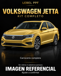 Volkswagen Jetta — Kit completo PPF LEBEL. Imagen referencial; ajuste a confirmar. Sin vidrios ni plásticos porosos.